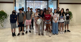 Group of students in building lobby